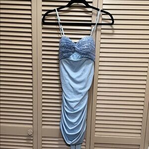 Light Blue Spaghetti Strap Ruched Bodycon Dress